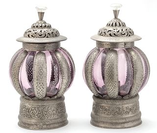 Moorish Influence Hammered Metal & Glass Lanterns, H 17'' Dia. 9'' 1 Pair