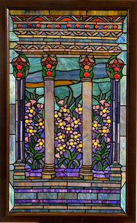 Leaded Stained Glass Window, Pillared Garden H 33'' W 19'' 1 pc