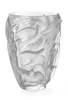 Lalique (French) Frosted Glass Vase, 1990, H 9.5'' Dia. 6.25''