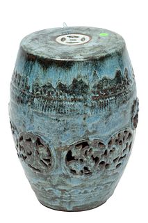 Asian Glazed Ceramic Garden Seat, H 19.5'' Dia. 14''