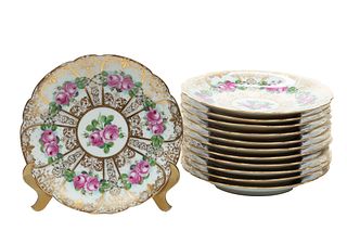 Dresden Porcelain (Germany) Gold Band Dessert Plates, "roses" (12) C. 1900, Dia. 8'' 13 pcs