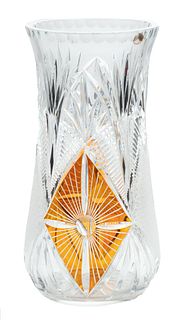 Irish Crystal Cut Glass Flower Vase, Amber Panels H 12'' Dia. 6''