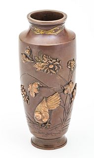 Japanese  Bronze Vase, Flowers In Relief, Gold Highlights C. 19th.c., H 5''