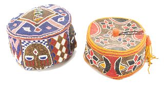 Yoruba, Nigeria African Beaded Hats, 20Th Century Group Of Two, Dia 7" To 7.5"