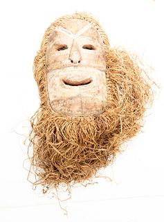 African Geiera Nigeria, Carved Wood And Raffia Mask, H 14.5", W 8"