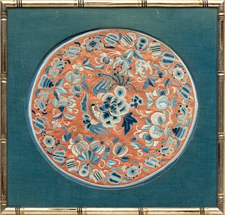 Chinese Forbidden Stitch Silk Embroidery, C. 1850, Dia. 10.75''