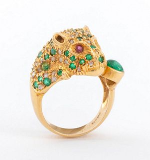 14K Gold Diamond Emerald & Ruby Panther Ring