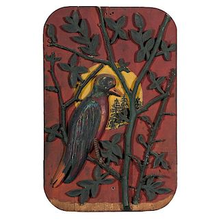 Polychrome Folk Art Carved Panel of a Bird