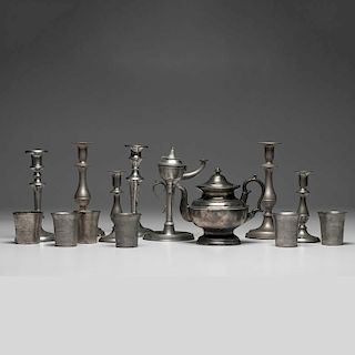 Pewter Candlesticks, Teapot and Beakers