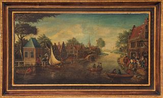Dutch Old Master Signed Canal Scene Oil on Canvas