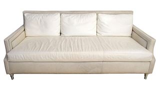 Modern White Mohair & Leather Three-Seat Sofa
