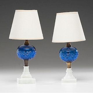 Blue and Milk Glass Oil Lamps