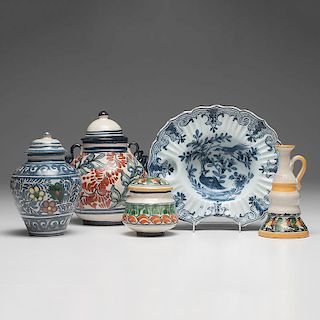 Polychrome Delft Jars, Ewer, and Barber's Bowl