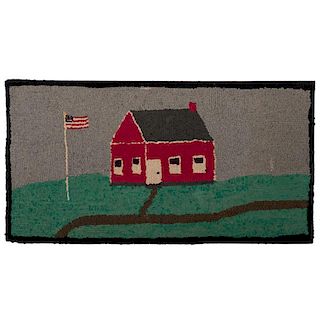 Schoolhouse and American Flag Hooked Rug Mounted on Frame