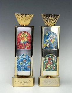 Marc Chagall  Gold Triangular Rotating Candlesticks With Images From the Jerusalem Windows Limited Edition /300 