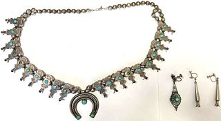 Vintage Sterling Silver Turquoise Necklace And Earrings 