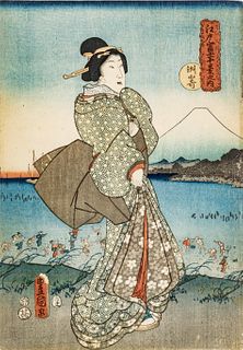 Utagawa Kunisada (Japanese, 1786-1864) Woodblock Print, C. 1850, Sakanoshita, Ten Views Of Mt. Fuji From Edo, H 14.12'' W 9.75''