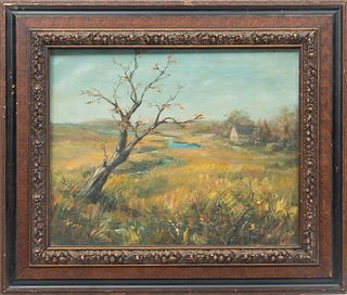 Oil On Canvas, C. 1957, Cottage By A Creek, H 16'' W 20''