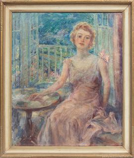 Attr. Maude Kaufman Eggemeyer (Indiana, 1877-1959) Oil On Canvas, Seated Young Beauty, H 34'' W 28''