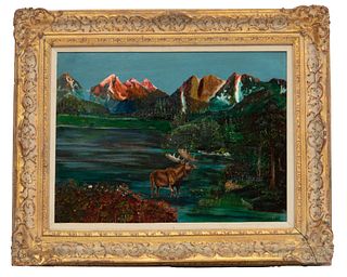 G.P.G. Oil On Masonite, Moose In A Mountain Lake, H 17'' W 23''