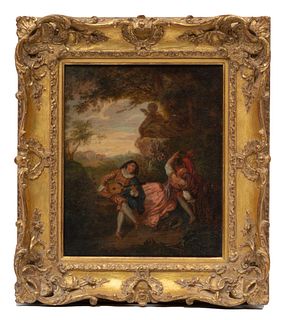 Rococo Style Oil On Canvas, C. 19th C., Courting Couple With Musician,, H 18'' W 14.5''