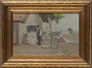Oil On Canvas, Family Farm Scene, H 10'' W 15''