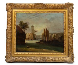 Dutch Oil On Canvas, C. Early 19th Century, Harbor Scene,, H 20'' W 24''