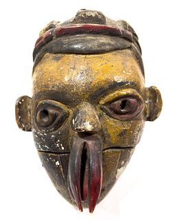 African Polychromed Carved Wood Mask, H 9", W 7"