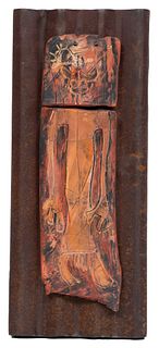 Suzanne Wallace Mears (American) Mixed Media, Painted Ceramic And Metal Wall Sculpture, H 22'' W 9.25'' Depth 2''