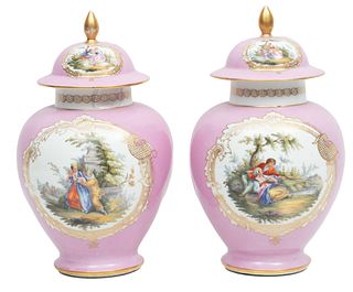 Pair of Handpainted Porcelain Covered Urns