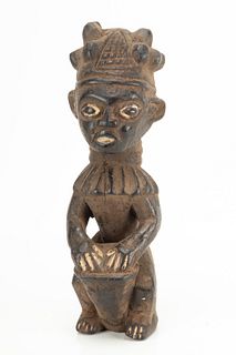 Yoruba Nigeria African Polychrome Carved Wood Male Figure Playing Drums H 12" W 3" D 4"