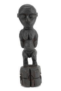 Yoruba Nigeria African Polychrome Carved Wood Female Figure H 14" W 3.5" D 3.5"
