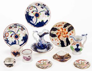 BRITISH GAUDY-STYLE HAND-PAINTED CERAMIC ARTICLES, LOT OF TEN