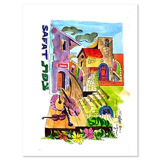 Sami Zilkha, "City of Safat" One-of-a-Kind Hand Watercolored Mixed Media, Hand Signed with Letter of Authenticity