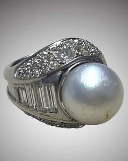 Platinum Diamond Cultured Pearl Ring