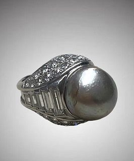 Platinum Diamond Cultured Pearl Ring.