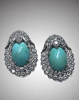 Pair of 14K Turquoise And Diamond Earrings