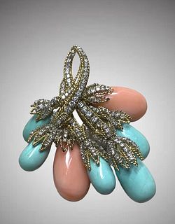 18K Coral & Turquoise Diamond Floral Pin