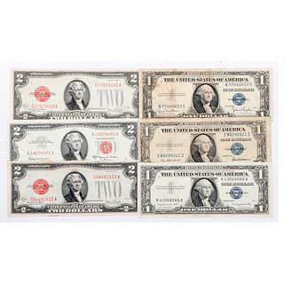 Three $2 Bills; Three $1 Silver Cert Bills.