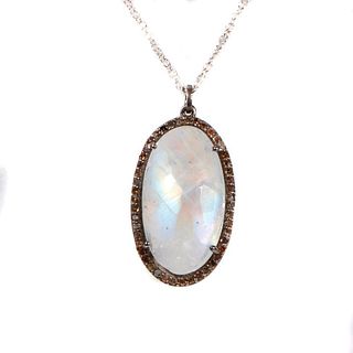 Moonstone, diamond and oxidized silver pendant