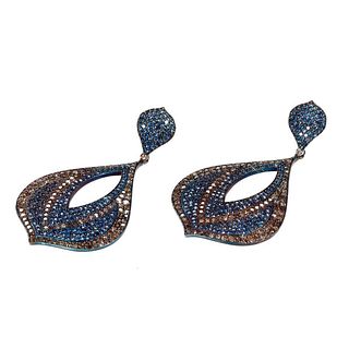 Pair of sapphire, diamond and blackened silver earrings
