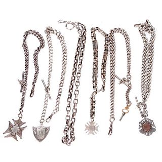 Group of six silver watch fob chains with fobs