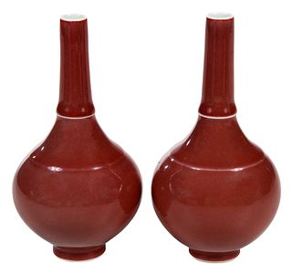 Pair of Chinese Peach Bloom Porcelain Bottle Vases