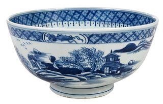 Chinese Blue and White Porcelain Bowl with Seaside Scene