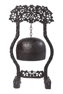 Chinese Signed Bronze Gong in Carved Wooden Stand