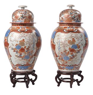 Pair of Large Chinese Porcelain Imari Covered Ginger Jars with Stands