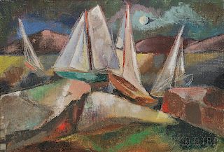 Attributed to William Thon (American, 1906-2000)      Modernist Landscape with Sailboats and Full Moon