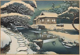 BAKUFU OHNO (JAPANESE, 1888-1976) "TEA HOUSE IN SNOW" WOODBLOCK PRINT