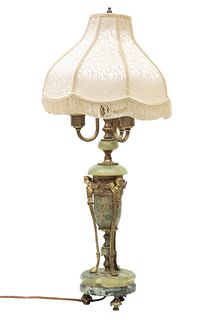 Green Onyx & Brass Table Lamp, C. 1920, H 30'' Dia. 6''