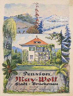 Gaestehaus der Pension May-Wolf Stadt Brueckenau (spaeter Labenbach). Gewidmet von Philipp Schmitt, Wuerzburg. Buchbinder. Mi